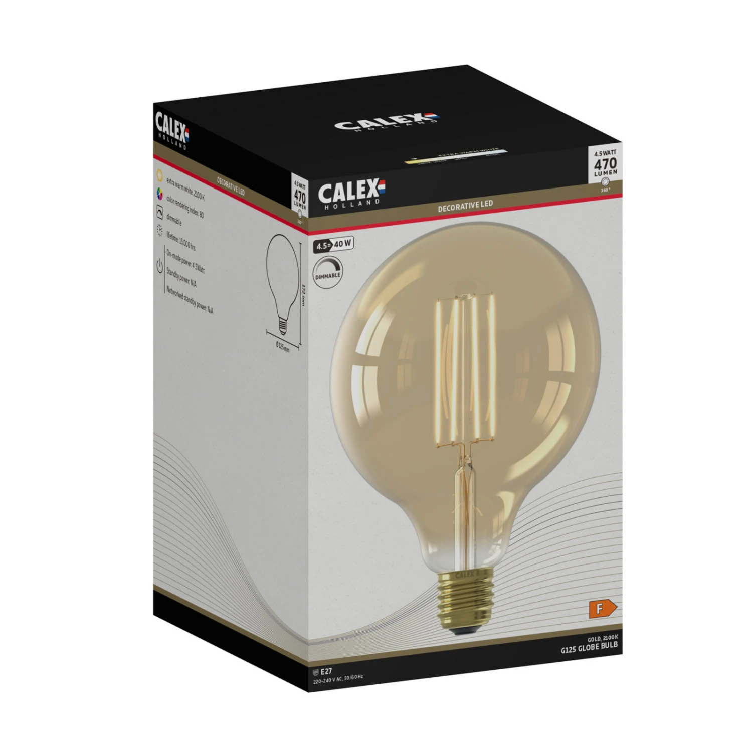Calex E27 G125 4,5W LED-Filament Gold 821 Dimmbar 8 Calex E27 G125 4,5W LED-Filament Gold 821 Dimmbar – Bild 6